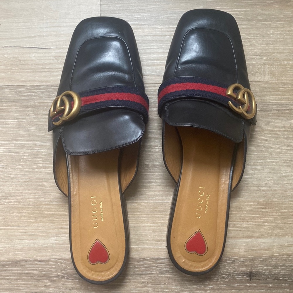 Gucci Black Leather Mule Flats with Red & Navy Web and Gold Double G